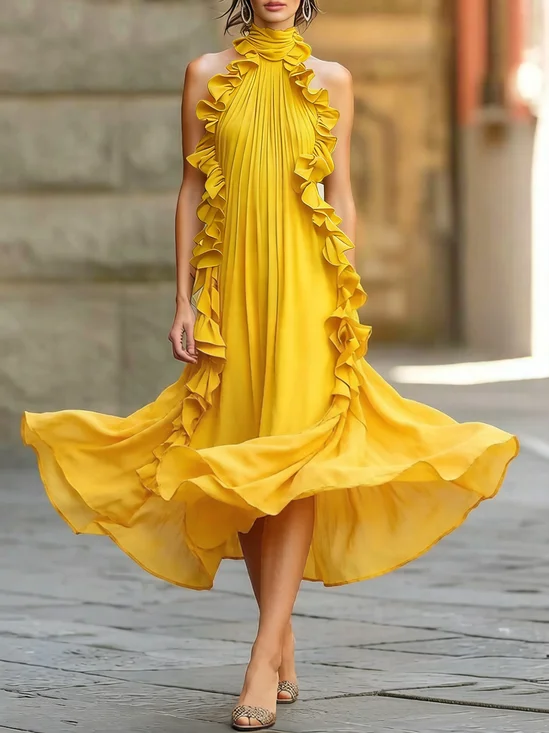 Elegant Plain Peplum Halter Midi Dress