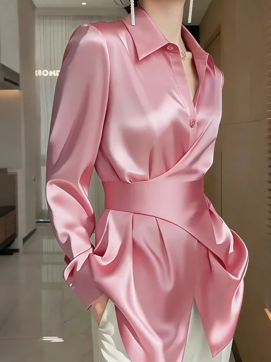 Satin Urban Plain Buttoned Shirt Collar Shirt