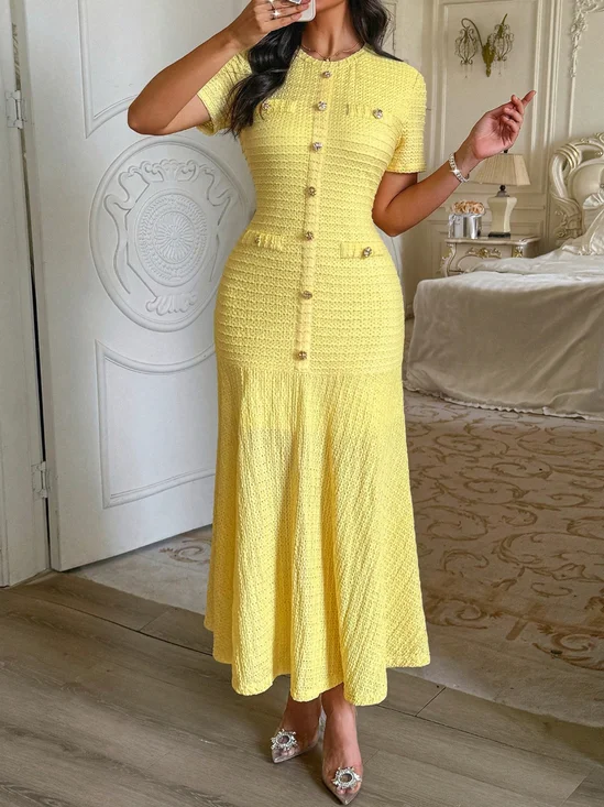 Elegant Plain Buttoned Crew Neck Maxi Dress