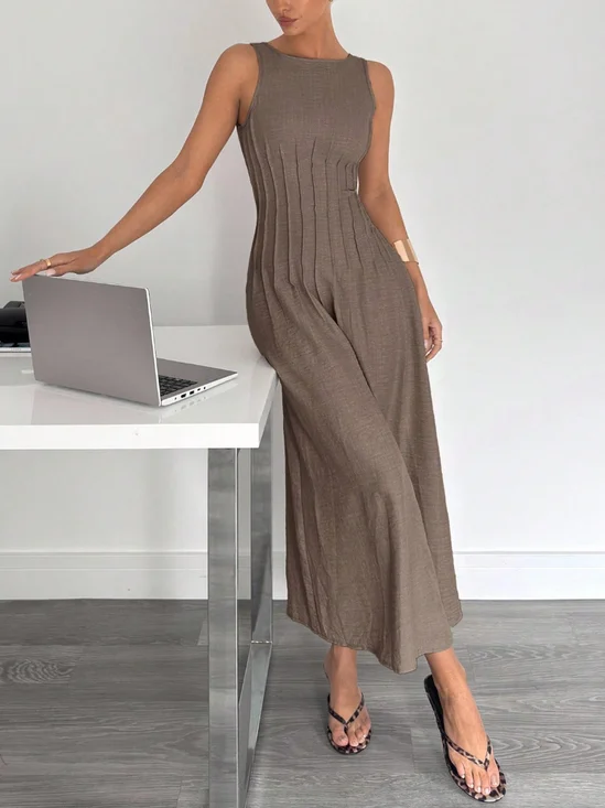 Elegant Plain Ruched Boat Neck Midi Dress