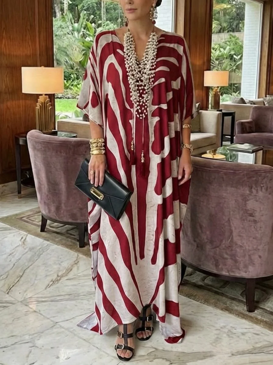 Elegant Color Block Printing V Neck Maxi Dress