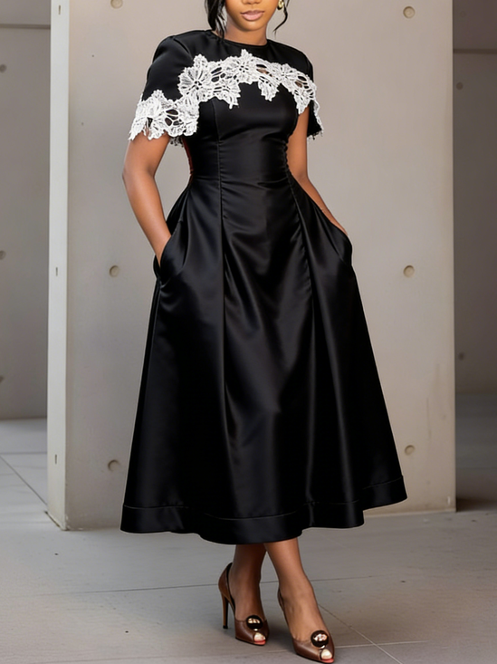 Elegant Color Block Crew Neck Maxi Dress