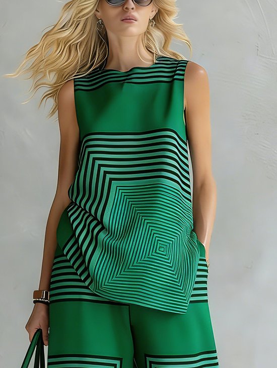 Plus Size Casual Striped Printing Crew Neck Tank Top