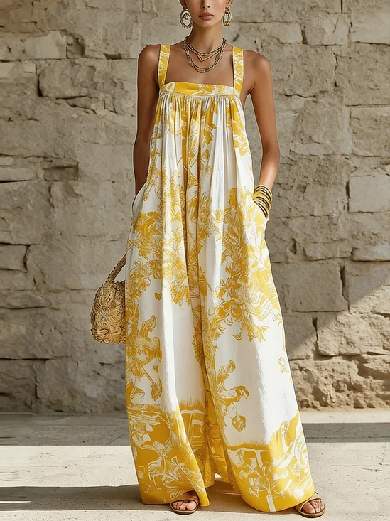 Vacation Printing Floral Square Neck Jumpsuit