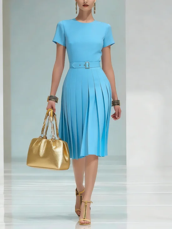 Urban Plain Pleated Crew Neck Midi Dress With Belt