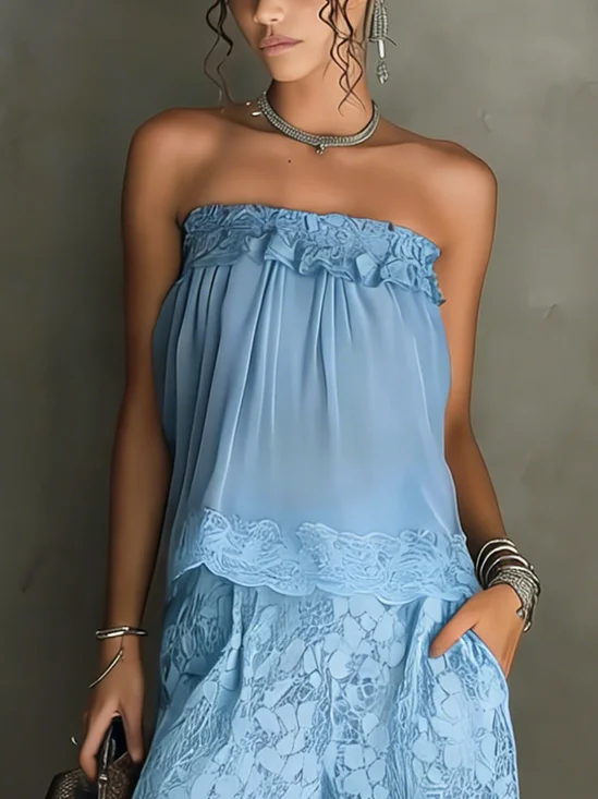 Vacation Plain Lace Edge Strapless Blouse