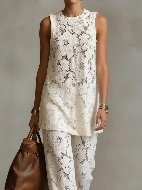 Lace Urban Plain Crew Neck Blouse