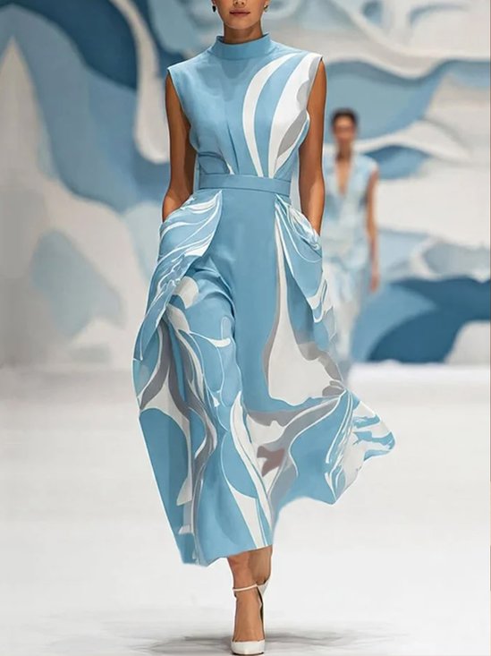 Elegant Abstract Printing Stand Collar Midi Dress