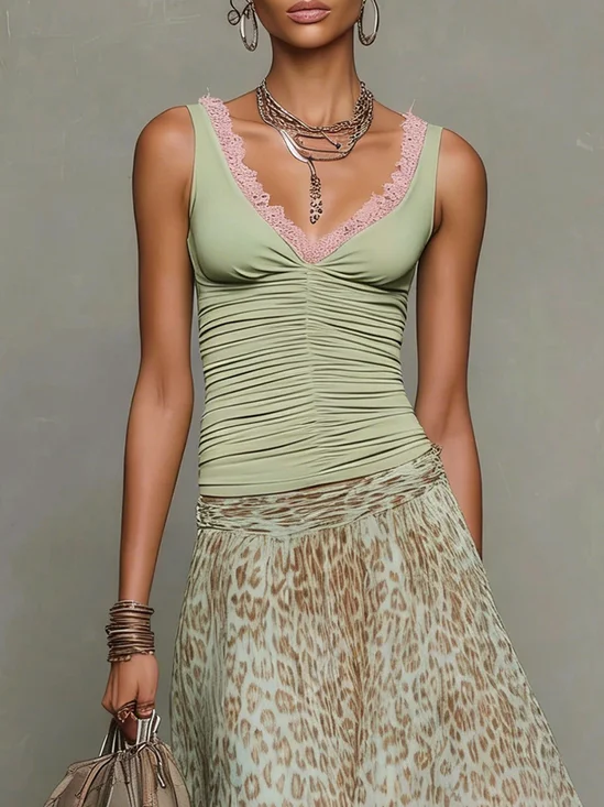 Elegant Plain Ruched V Neck Lace Tank Top