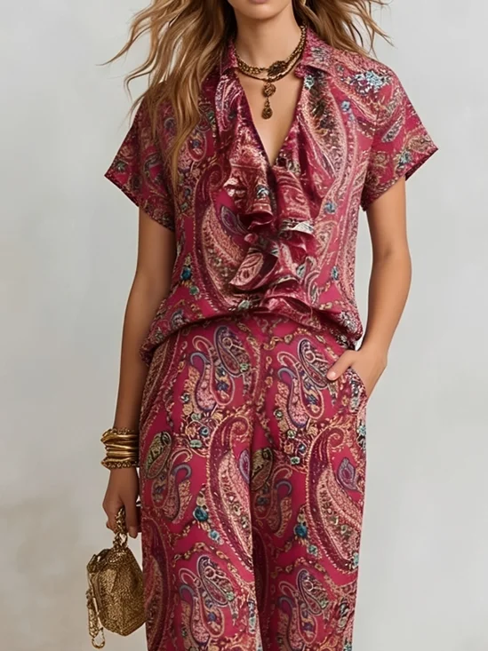 Vacation Paisley Printing Shirt Collar Blouse