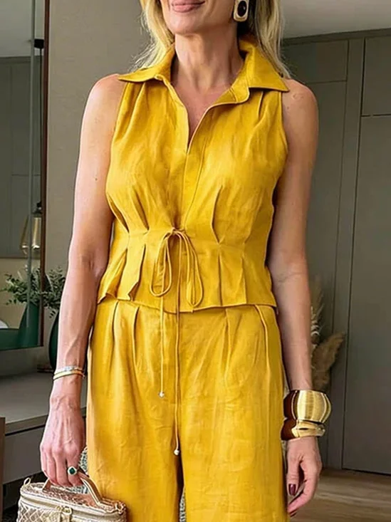 Cotton And Linen Casual Plain Gathered Shirt Collar Blouse