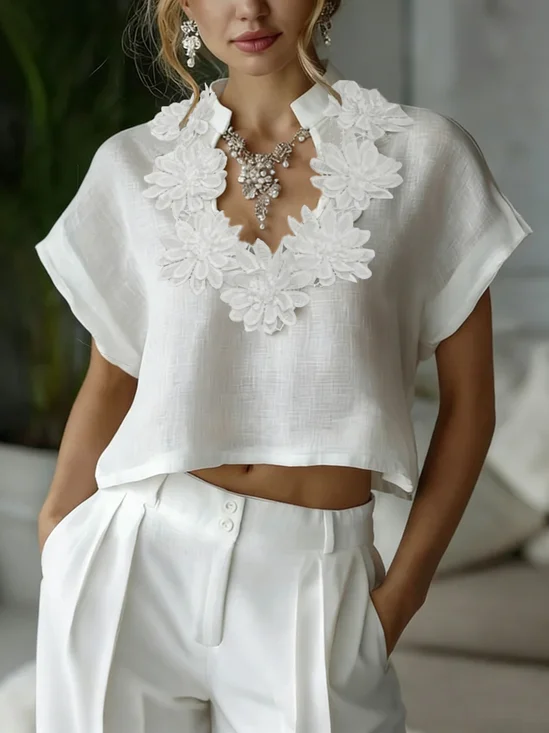 Cotton And Linen Casual Plain Stand Collar Blouse