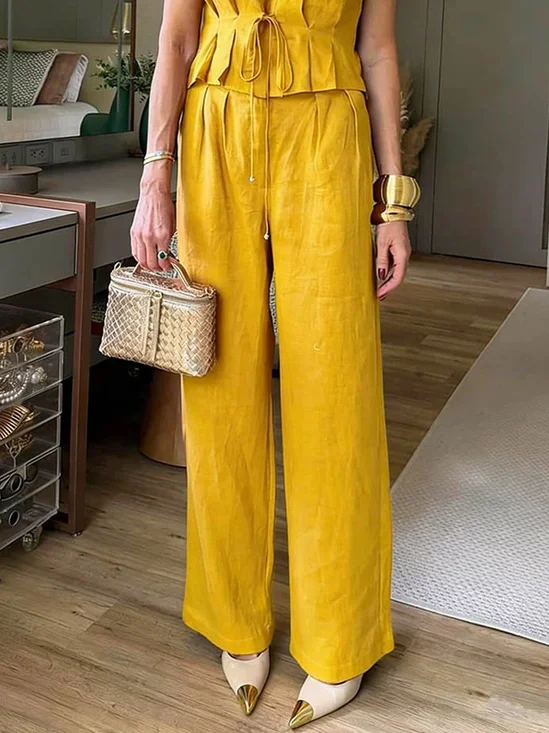 Casual Cotton And Linen Plain Straight Pants