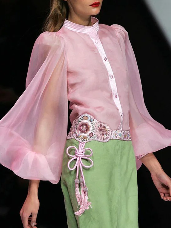 Elegant Plain Stand Collar Balloon Sleeve Shirt