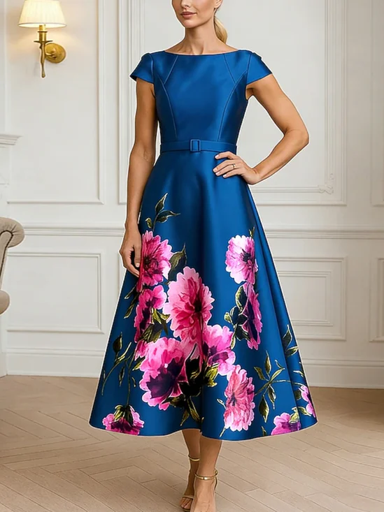 Elegant Floral Printing Boat Neck Midi Dress With Belt