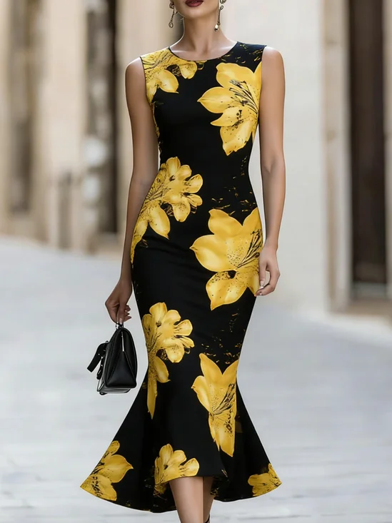 Elegant Floral Crew Neck Midi Dress