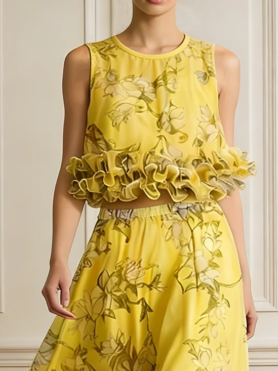 Elegant Floral Peplum Lotus Leaf Collar Blouse