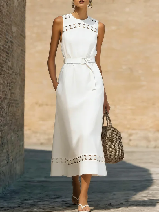 Casual Cotton Plain Lace Crew Neck Midi Dress With Belt