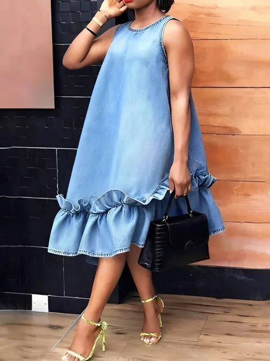 Denim Urban Plain Peplum Crew Neck Midi Dress