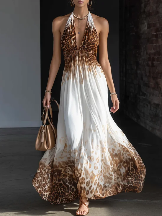 Vacation Leopard Halter Neck Maxi Dress