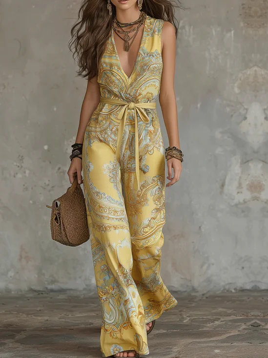 Casual Ethnic V Neck Tank Jumpsuit With Belt