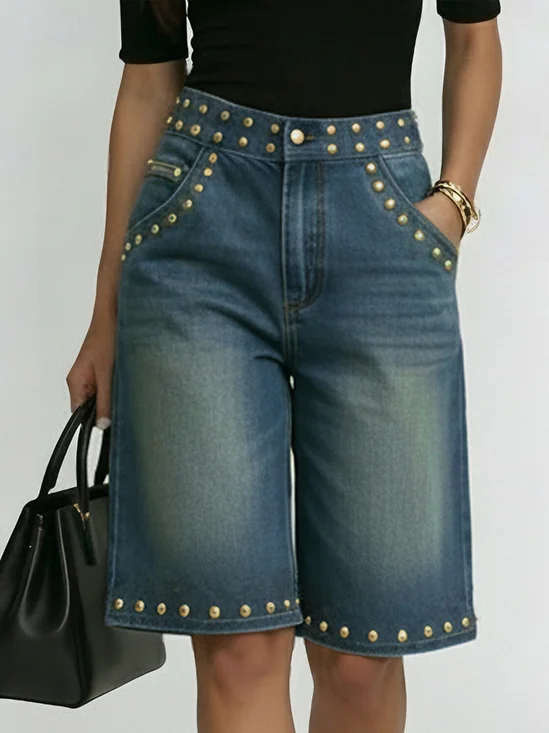 Casual  Rivet Plain Denim Shorts