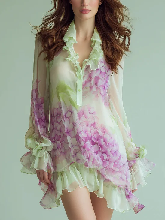 Elegant Floral Printing Lotus Leaf Collar Mini Dress
