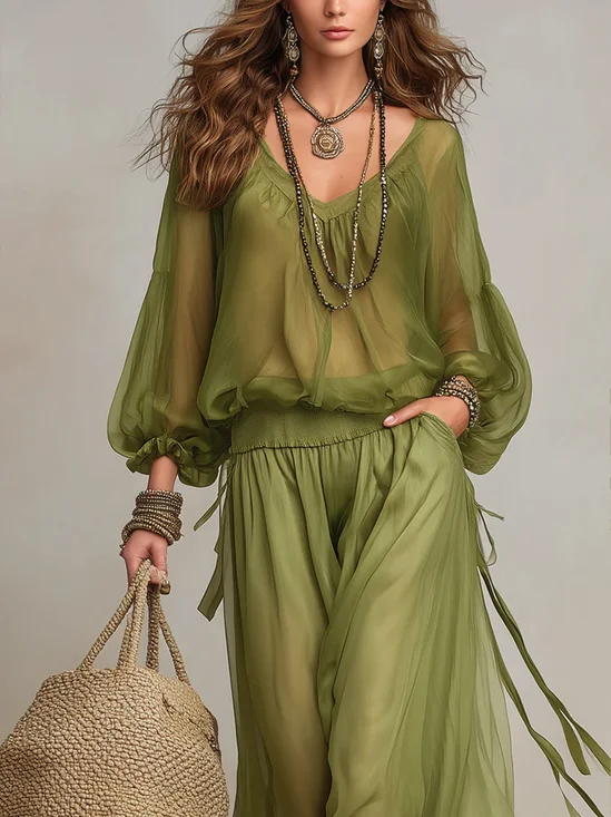 Casual Plain V Neck Balloon Sleeve Blouse