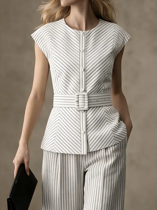 Cotton Crew Neck Striped Urban Blouse With Belt