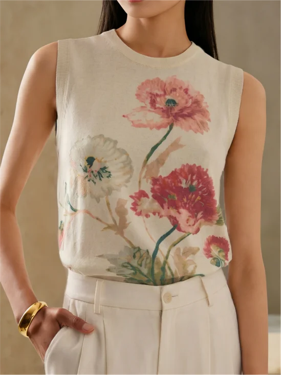 Floral Crew Neck Elegant Tank Top