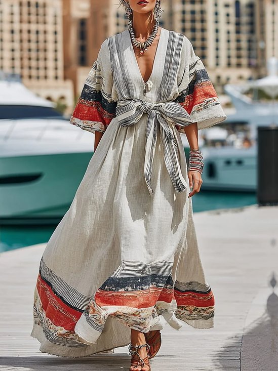 Vacation Striped  Printing V Neck Maxi Dress With Belt