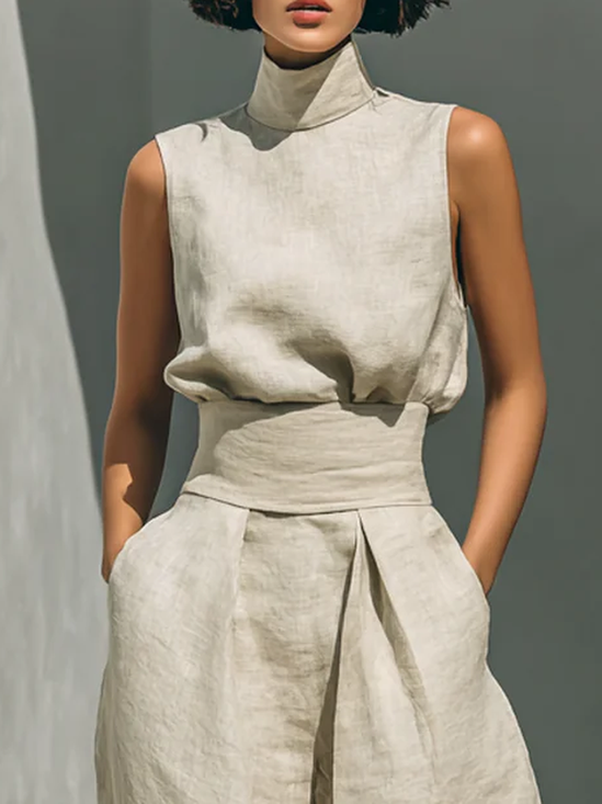 Plus Size Cotton Casual Plain Bow Stand Collar Tank Top