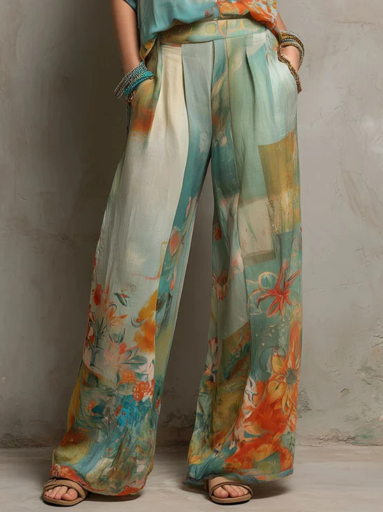 Vacation Floral Printing Wide Leg Pants