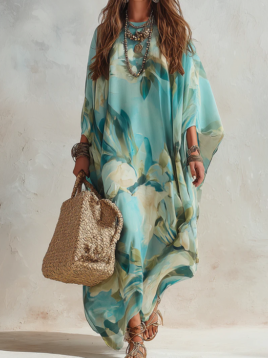 Vacation Floral Crew Neck Maxi Dress