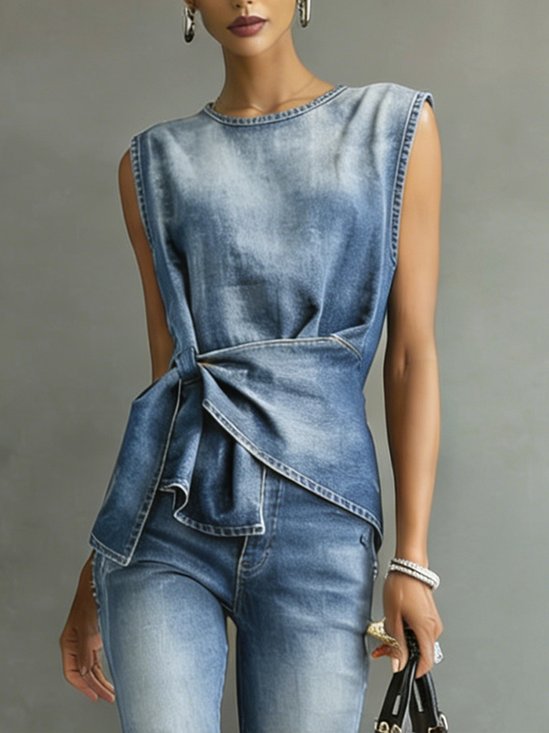 Denim Casual Plain Knot Front Crew Neck  Top