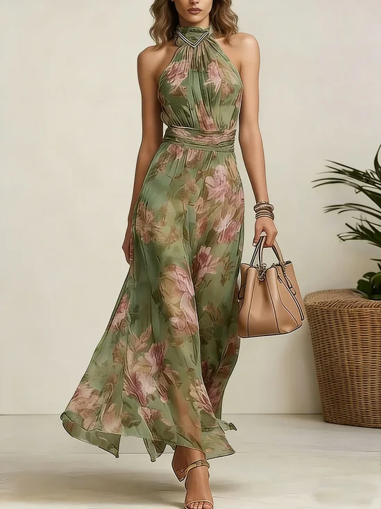 Elegant Floral Printing Halter Maxi Dress