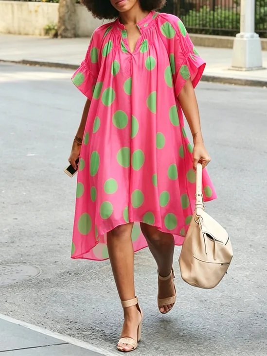 Urban Polka Dots Stand Collar Midi Dress