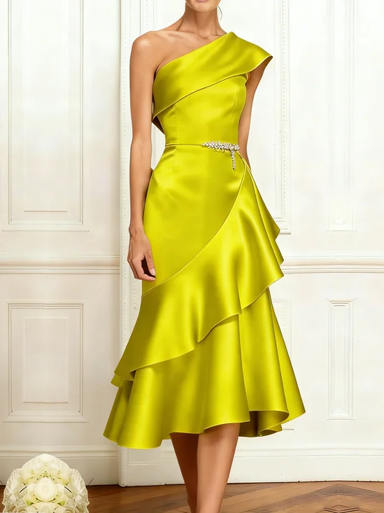 Elegant Plain Asymmetrical Midi Dress No Belt