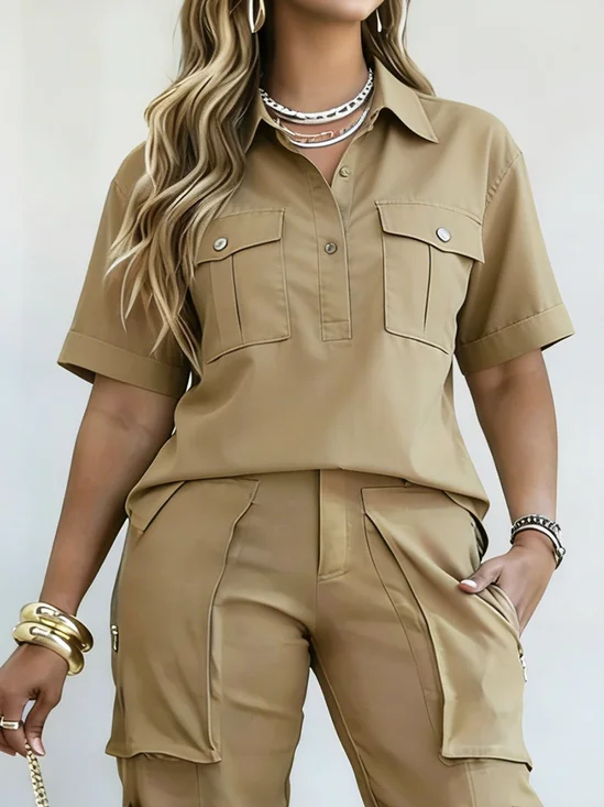 Casual Plain Pockets Shirt Collar  Blouse