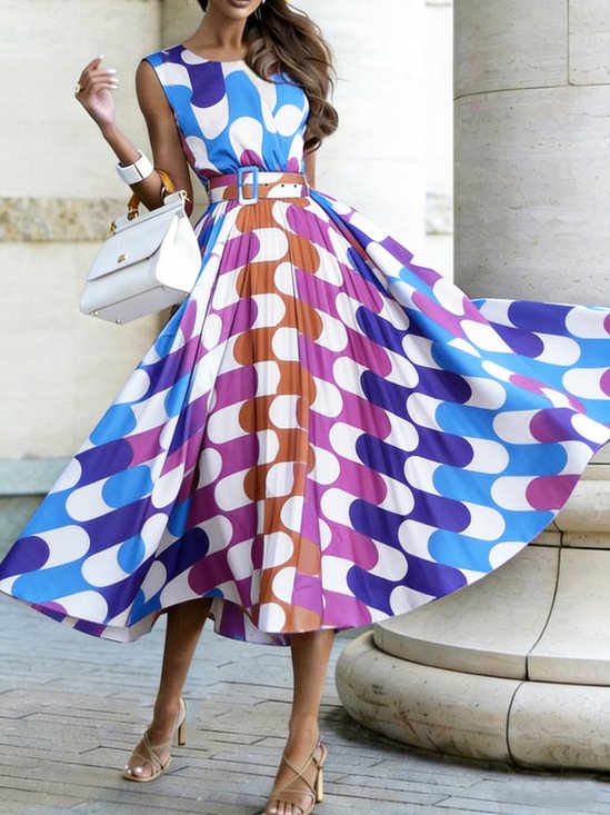 Elegant Geometric Printing Crew Neck Midi Dress With Belt