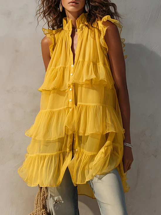 Urban Plain Peplum Tiered Stand Collar Shirt