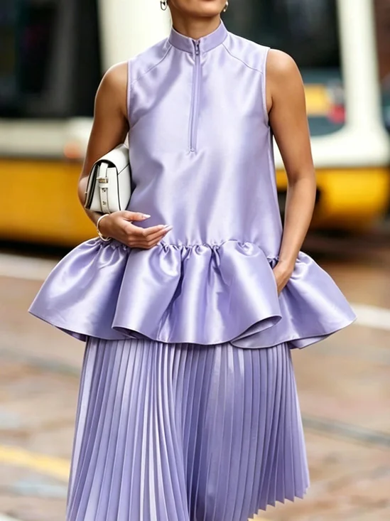 Satin Urban Plain Stand Collar Blouse