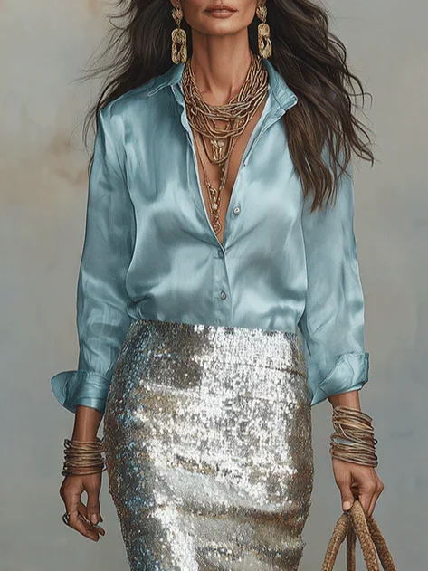 Satin Elegant Plain Shirt Collar Regular Sleeve Shirt