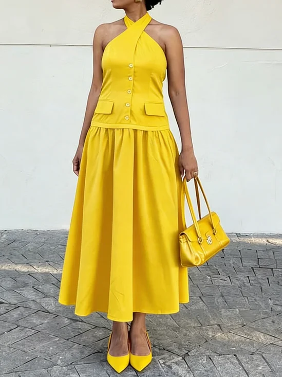 Elegant Plain Halter Neck Maxi Dress