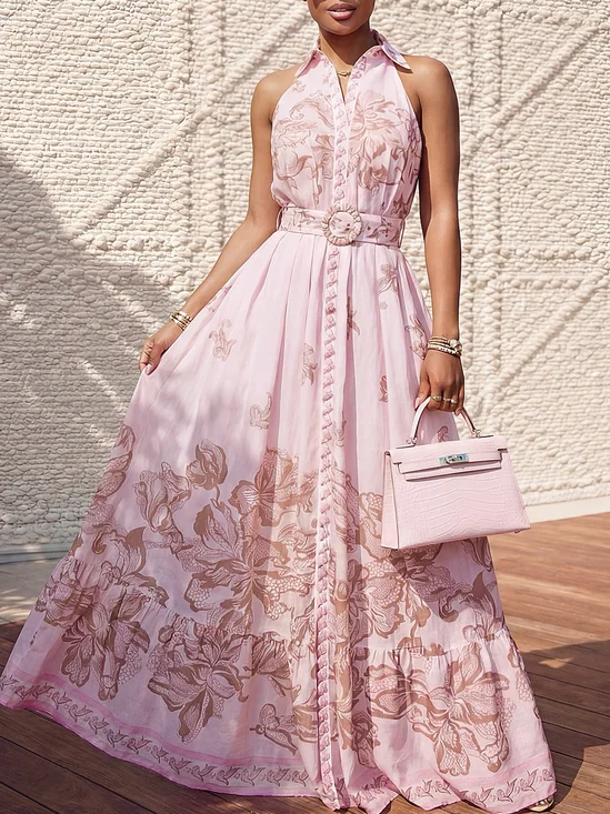 Elegant Floral Printing Shirt Collar Maxi Dress With Belt