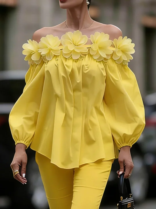 Cotton Elegant Plain 3D Floral Cold Shoulder Blouse