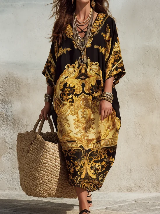 Casual 3D Printing V Neck Maxi Dress