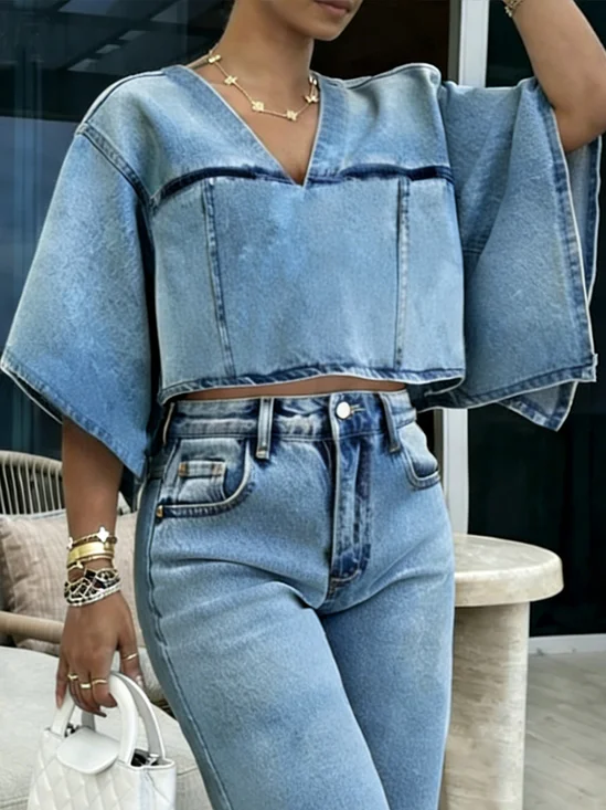 Casual Plain  V Neck Raglan Sleeves Denim Top