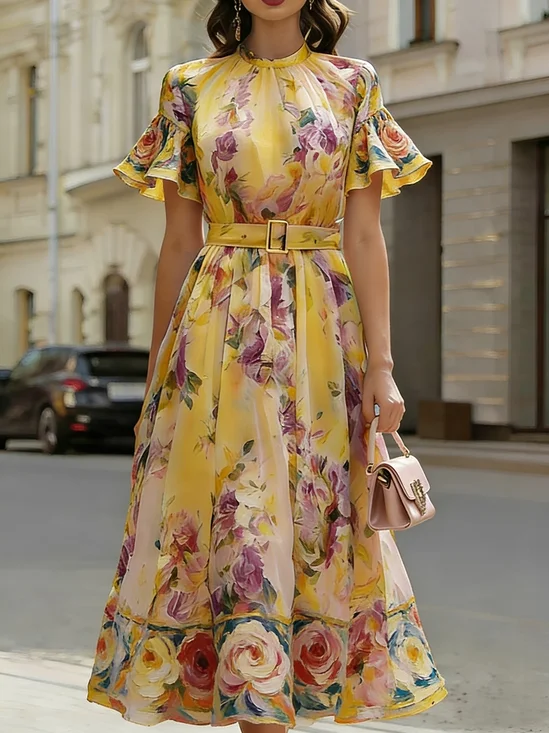 Elegant Floral Stand Collar Midi Dress With Belt
