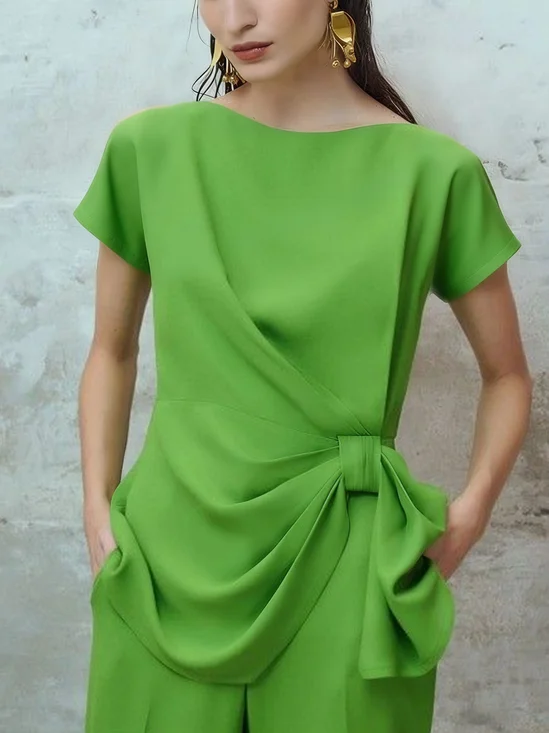 Urban Plain Bow Boat Neck Regular Sleeve Blouse